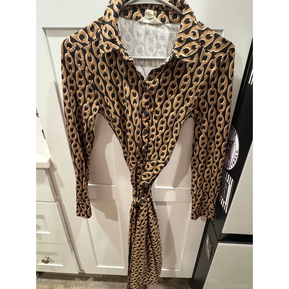 Boden Women Gold Black‎ Chain Link Print Long Sleeve Tie Waist Shirt Dress 2P